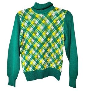 Vintage Joyce Lane Sweater ?S Green Yellow Houndstooth Geometric Turtleneck